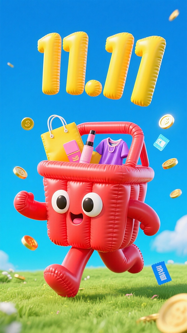 蓝天绿地间，拟人的红色购物篮（大眼睛，篮内有购物袋和美妆、服饰等商品），奔跑的姿势。顶部巨大的黄色立体“11.11”漂浮在天空中，天上掉落金币和优惠券呈现动态感，促销氛围