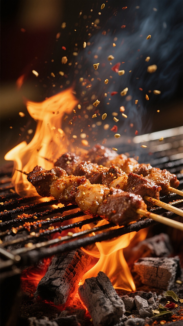 写实风格的烧烤场景背景，画面聚焦于烤架上滋滋作响的肉串，肉质呈现出焦香的棕黄色，表面撒有细密的香料，油光锃亮。炭火在下方燃烧，橙红色的火焰向上窜动，火星与细小的孜然、辣椒粉颗粒在空中飞溅，形成动态的金色光点。整体色调以深棕、橙红和暖黄为主，光影对比强烈，火焰的高光与炭火的暗部形成鲜明层次，营造出热烈、诱人且充满烟火气的氛围。背景虚化处理，突出烧烤的主体和动态的火焰与飞溅物，细节丰富，如肉串的纹理、炭火的灰烬和香料的颗粒感清晰可见，传递出浓郁的烧烤美食气息。