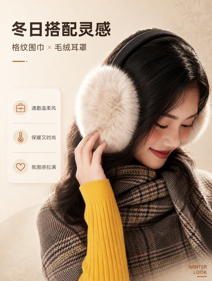 [商品] 使用【图6】奶白色仿貂毛耳罩侧面佩戴特写；商品处理：… - 图片创意预览