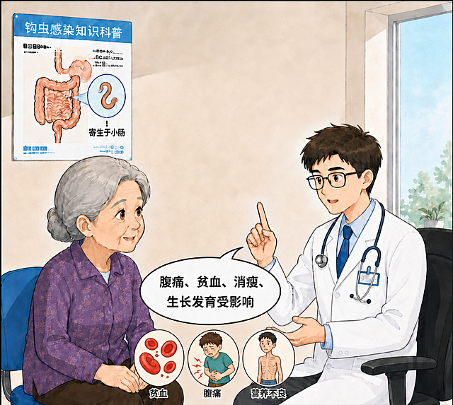 去掉医生头上方的对话框和所有文字内容，保持人物姿势、位置、下方危害图标和文字不变，延续原有漫画风格，补全背景墙面