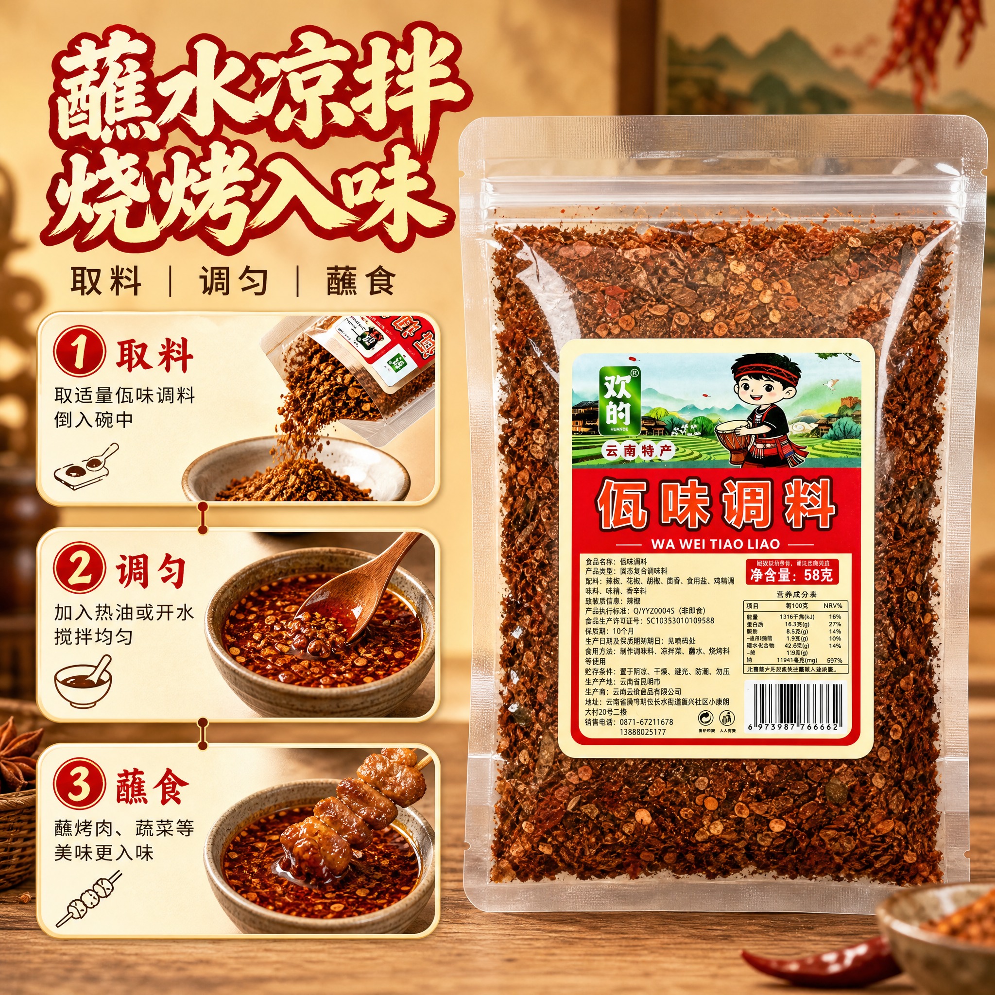 【主图-2】食用方法步骤图，用三步示意直观说明蘸水调料的用法。… - 图片创意预览