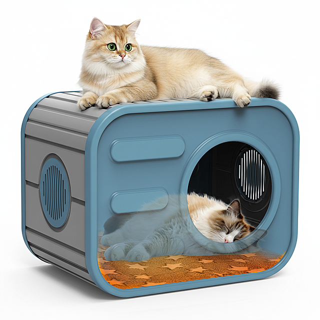 在参考图1基础上生成猫窝顶部慵懒趴着一只圆眼金渐层长毛猫（好奇表情），露出好奇表情，猫咪头部朝向在左，画面干净通透，色调柔和温暖，质感像高清商品展示图，背景纯白无杂物。高清，4k