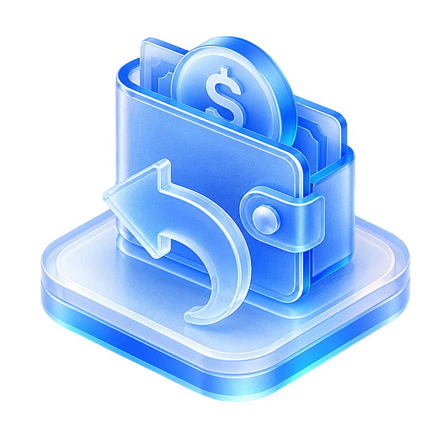 3D isometric blue glassmorphism tech icon of refund, featuring a wallet with a return arrow and currency symbol, placed on a rounded square base, frosted glass texture, glowing blue gradient, soft lighting, clean white background, high quality, 3D render, UI icon