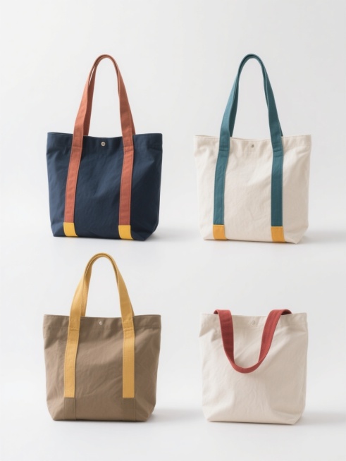 四个不同配色、样式和材质的帆布包，采用干净简约风格，白色背景，每个包有不同颜色的提手和装饰，展示出帆布的质感和立体感，适合作为素材使用。预览效果