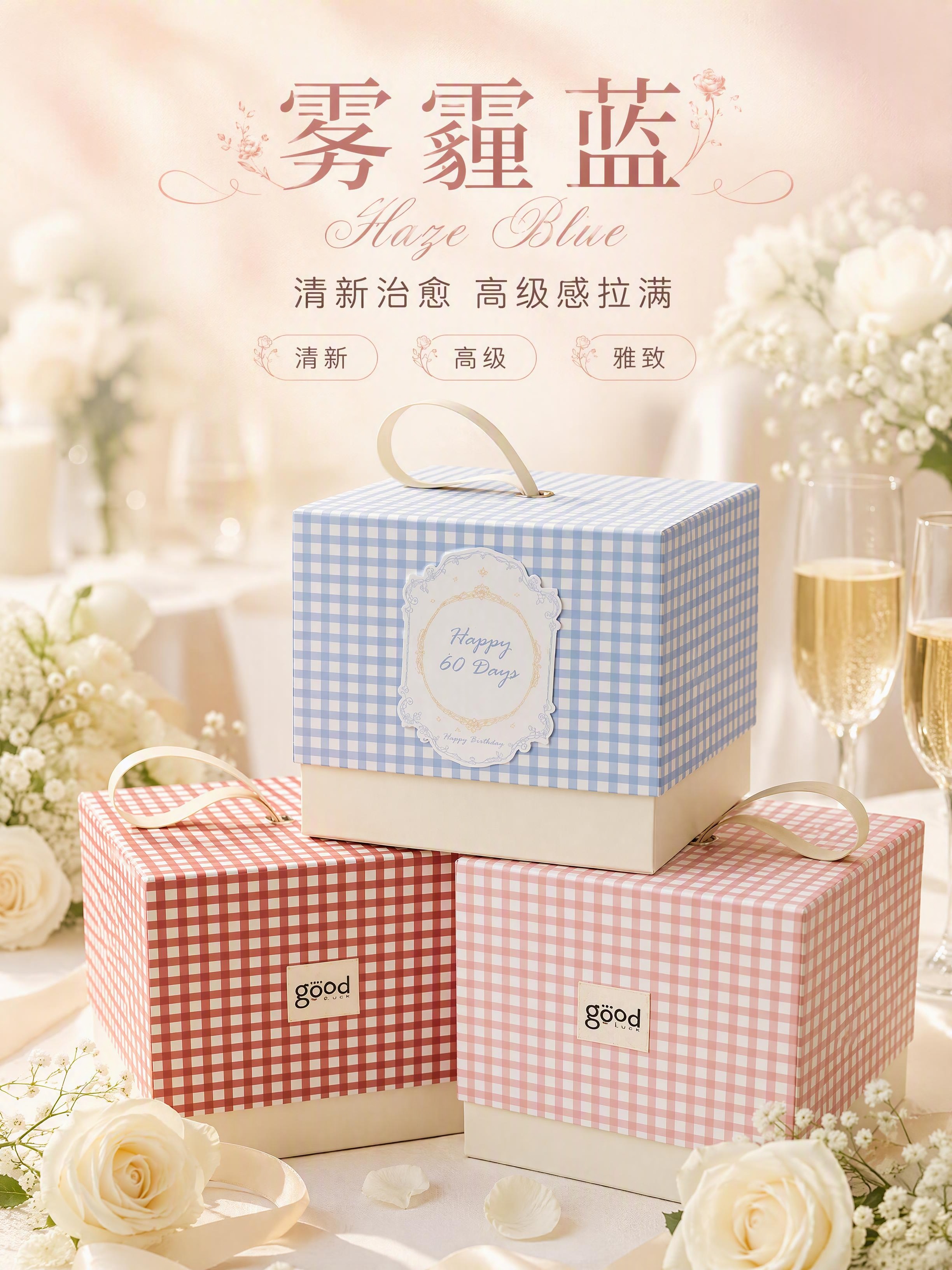 [商品] 使用【图2】格纹手提礼品盒蓝色款；保留方形盒体、白色… - 图片创意预览