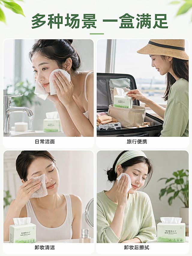 [第6屏] 多场景使用种草-不同场景应用展示。
[氛围/风格] 生活方式种草风，轻松自然，丰富多样。
[元素布局] 四格拼图布局，分别展示四个使用场景：1. 浴室洁面擦脸、2. 出差旅行便携、3. 卸妆清洁、4. 家居日常擦脸；四个场景均匀分布，每个场景都搭配简短场景说明；顶部通栏主标题。
[光影质感] 每个场景都采用自然光线，清晰展示使用状态，色彩真实自然，整体明暗统一。
[配色色系] 全局底色 #f8f9f8；主色浅绿清新配色；辅助色白色场景框，黑色文字。
[视角构图] 上下两排，每排两格，网格构图，信息分布均衡。
[文字版式] 顶部主标题「多种场景 一盒满足」，每个场景格子下方标注场景名称「日常洁面/旅行便携/卸妆清洁/卸妆后擦拭」，文字小而清晰，不遮挡场景主体。
[比例分辨率] 3:4 竖版比例，4K分辨率，文字清晰可辨，高清画质。
[负向提示词] 场景比例不均，文字遮挡主体，颜色失真，场景模糊
