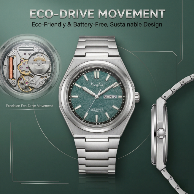 核心卖点Eco-Drive光动能机芯，适配亚马逊主图设计，严格还原康达KongDa腕表细节，不改变任何外观元素，保留精密机芯质感。杂志级不对称排版，中央放置主标题"ECO-DRIVE MOVEMENT预览效果