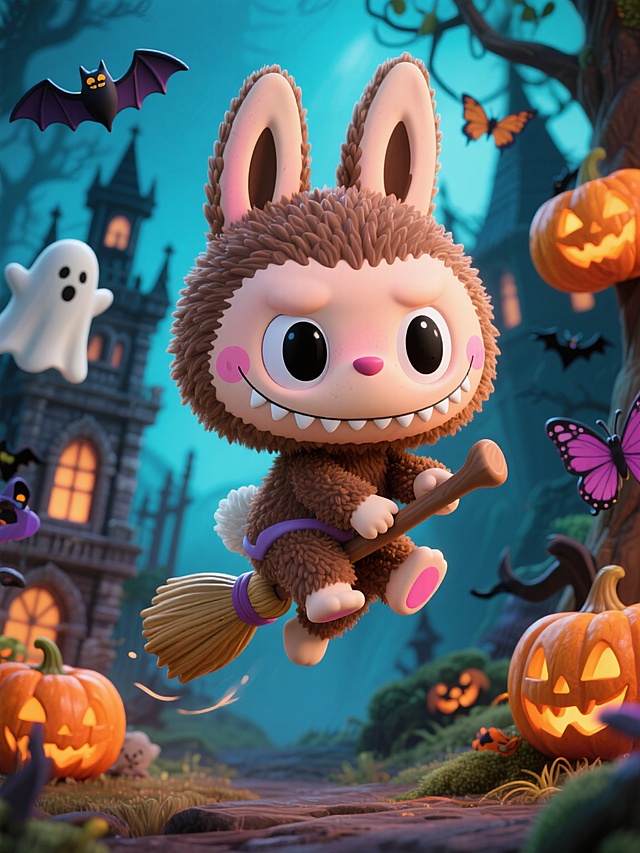 labubu骑着魔法扫帚飞，森林古堡背景，点缀南瓜灯、幽灵、蝙蝠、蝴蝶元素，万圣节氛围