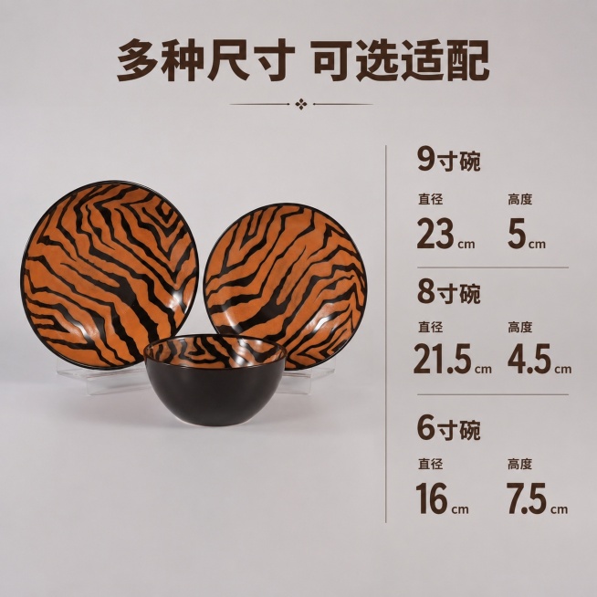 [主图-5] 焦糖斑马纹陶瓷碗盘规格尺寸展示。
[氛围风格] 清晰直观，专业规整，复古ins风。
[画质] 商业摄影质感，清晰真实，标注精准。
[元素] 产品整体展示在左侧，右侧为规格参数表，分别标注预览效果