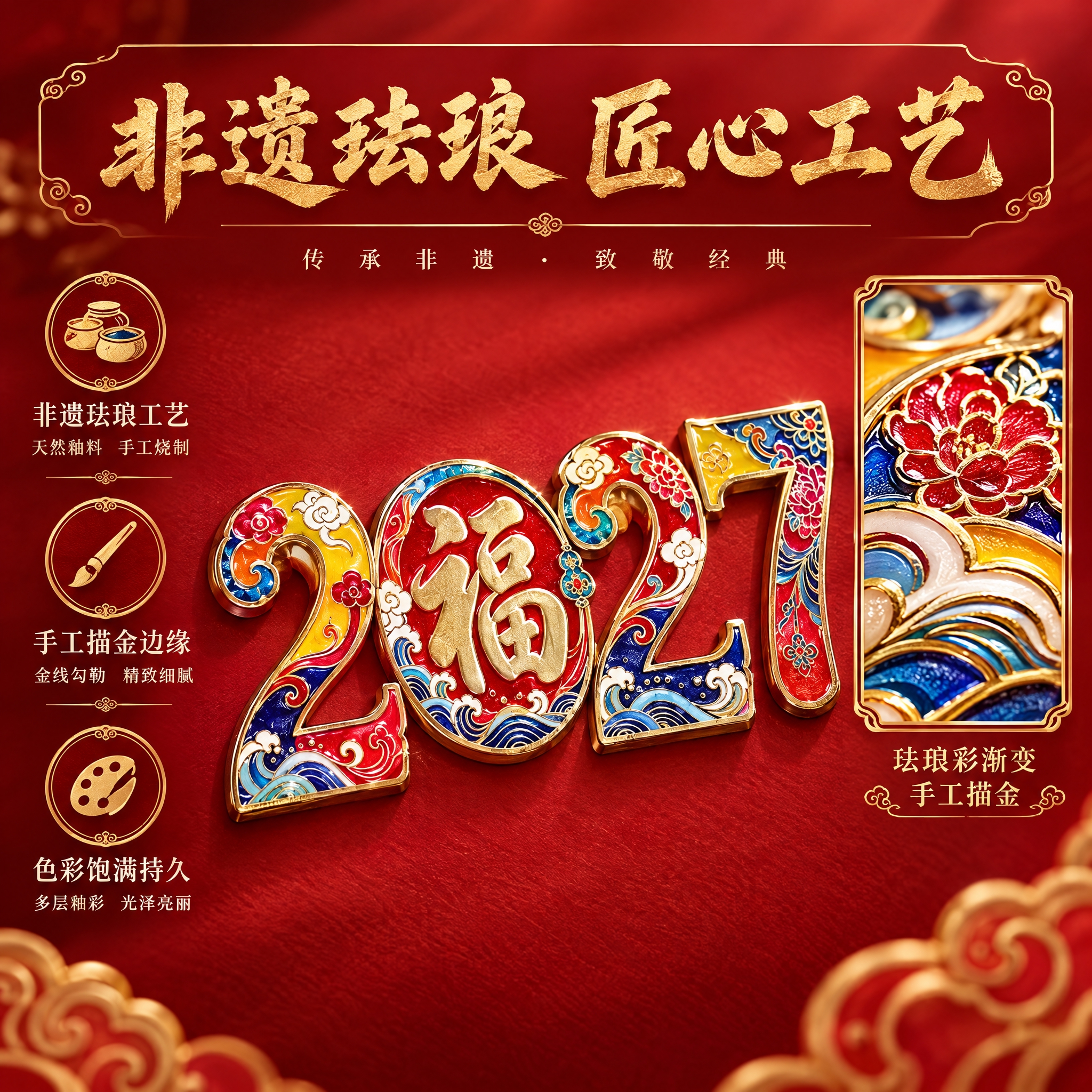 [主图-2] 核心卖点证明，展示非遗珐琅工艺的精致细节与色彩层… - 图片创意预览