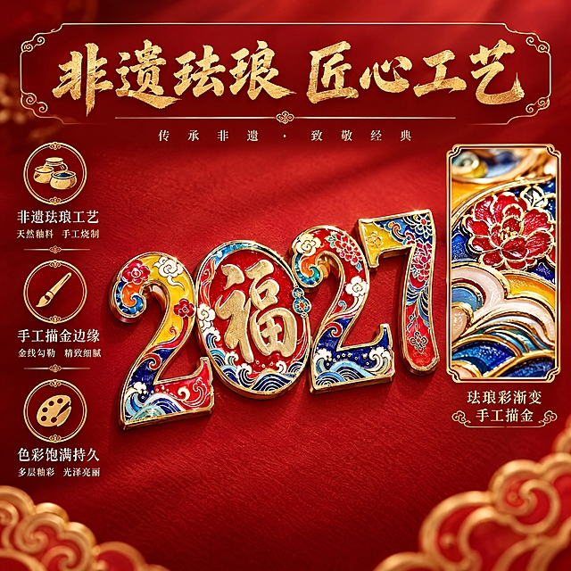 [主图-2] 核心卖点证明，展示非遗珐琅工艺的精致细节与色彩层次感。
[统一基调] 国潮非遗美学风格，背景主色为中国红渐变，标题字色为烫金，辅助字色为米白，强调色为金色描边；字体为大气书法体+宋体组合，卡片/边框采用祥云纹金边样式，整体传递高端礼赠、非遗传承的品质感。
[画面] 画面主体为珐琅万福款台历的2027数字珐琅造型特写，数字0中是金色福字，周围环绕海浪祥云纹样，数字表面布满传统花卉、祥云、中国结等珐琅纹样，色彩由金、红、蓝、黄渐变过渡，金属描边清晰有光泽。特写镜头聚焦台历中央珐琅数字区域，占画面约70%。左侧有三个圆形金色图标加文字说明，分别是："非遗珐琅工艺"配釉料小图标、"手工描金边缘"配金笔小图标、"色彩饱满持久"配调色盘小图标，每个图标下方有对应简短说明文字。右侧有放大的数字珐琅细节小窗，展示珐琅色彩渐变和金边线工艺。
[光影质感] 商业微距摄影质感，侧光突出珐琅的凹凸层次感和金属描边光泽，红色纸面纹理清晰，光影细腻有质感。
[配色] 主色中国红背景，珐琅数字多彩（金、红、蓝、黄），图标和文字为烫金色，整体红金配色。
[文字版式] 顶部主标题"非遗珐琅 匠心工艺"为烫金书法体大号字；左侧三个卖点图标竖向排列，每个图标下方配宋体白色小字说明；右侧细节小窗下方标注"珐琅彩渐变 手工描金"金色小字；文字均不遮挡主体工艺细节。
[输出要求] 1:1正方形比例，2K分辨率，工艺细节清晰，珐琅质感真实，文字清晰可读；负向：变形、错字、模糊、杂乱、水印、平台Logo、人物、过度曝光。