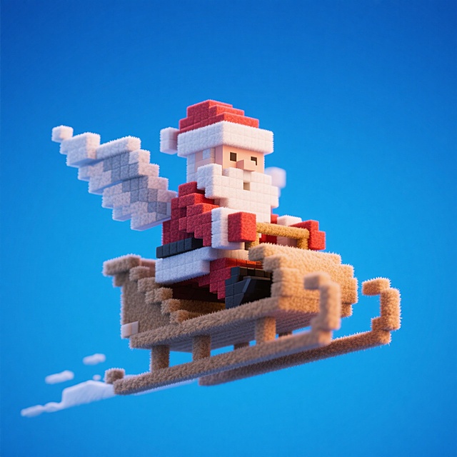 像素风圣诞老人驾雪橇飞驰，软3D质感搭配毛发生长细节，卡通感十足，喜庆氛围洋溢，节日气息浓厚。