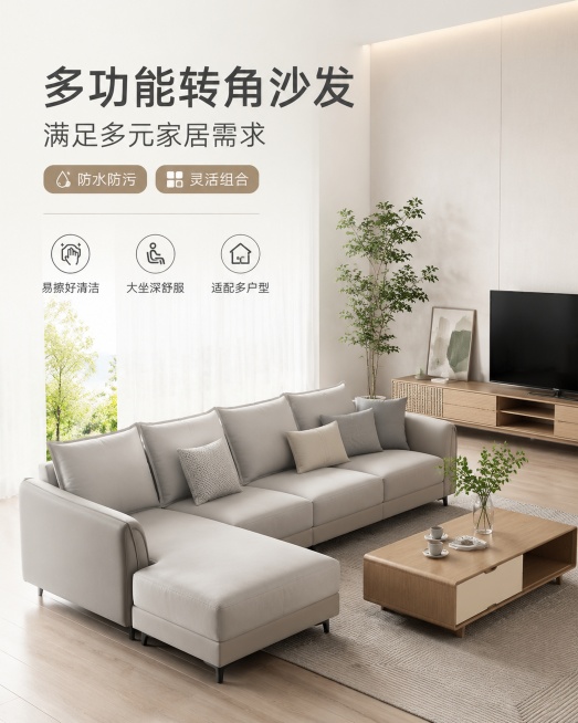 高端科技布转角沙发家具营销海报，主标题“多功能转角沙发”，副标题“满足多元家居需求”，卖点标签“防水防污”“灵活组合”，卖点“易擦好清洁”“大坐深舒服”“适配多户型”。现代北欧风客厅场景，浅灰+米白低预览效果