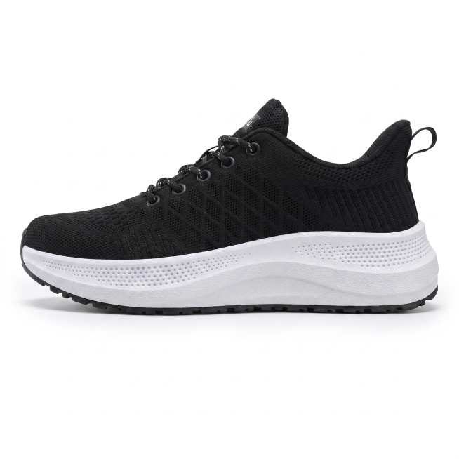 精准将黑色运动鞋的鞋底1:1替换为参考图的白色带密集孔洞纹理鞋底，完全复刻鞋底每一处细节形状与纹理，鞋子保持90度正侧面视角，纯白产品白底背景，光影柔和自然，鞋底与黑色鞋身衔接严丝合缝，无任何拼接瑕疵预览效果
