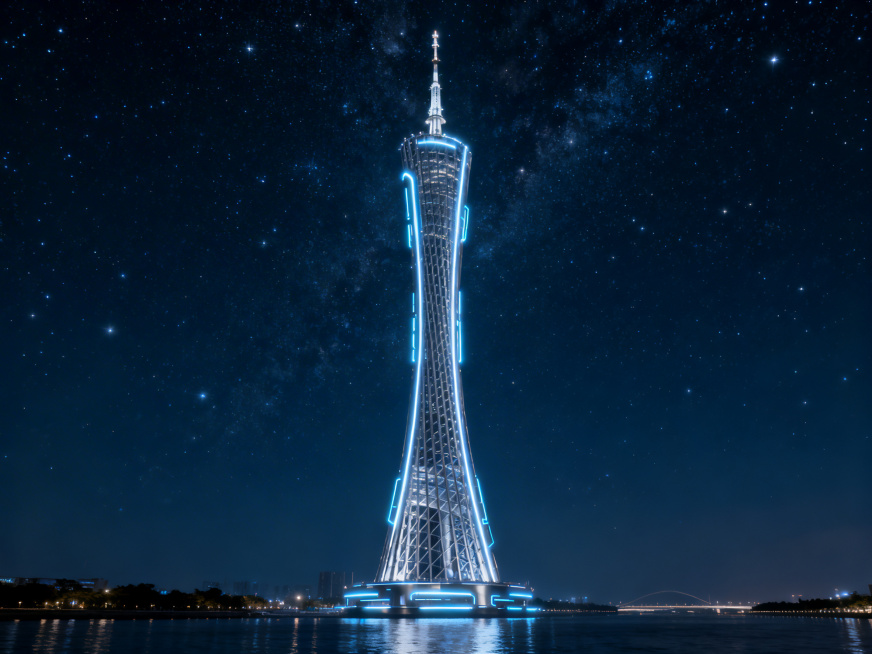 超写实CGI，广州塔（小蛮腰）为主体矗立在珠江水面，夜空繁星闪烁，镜头展示广州塔正面全身，广州塔边缘带有发光科技感灯光，科技感拉满，赛博未来风，8K超高清，电影级光影，景深效果，细节丰富，主色调为深邃预览效果