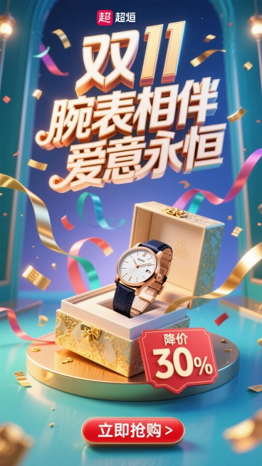 充满活力的双11销售海报构图。一枚优雅的手表放在打开的奢华礼盒中，周围是漂浮的彩带和金色丝带。电商风格，明亮欢快的灯光。“双11”Logo巨大且具有庆典感，位于顶部。主标题“腕表相伴 爱意永恒”采用粗预览效果