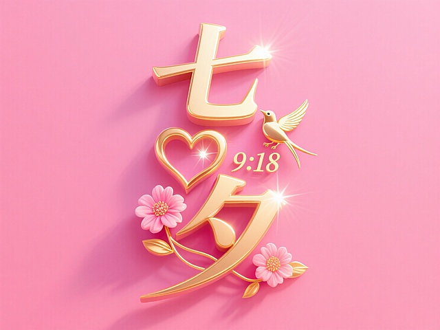 粉色背景，鎏金大字“七夕”，配以心形和飞鸟，营造甜美梦幻的浪漫3D风。