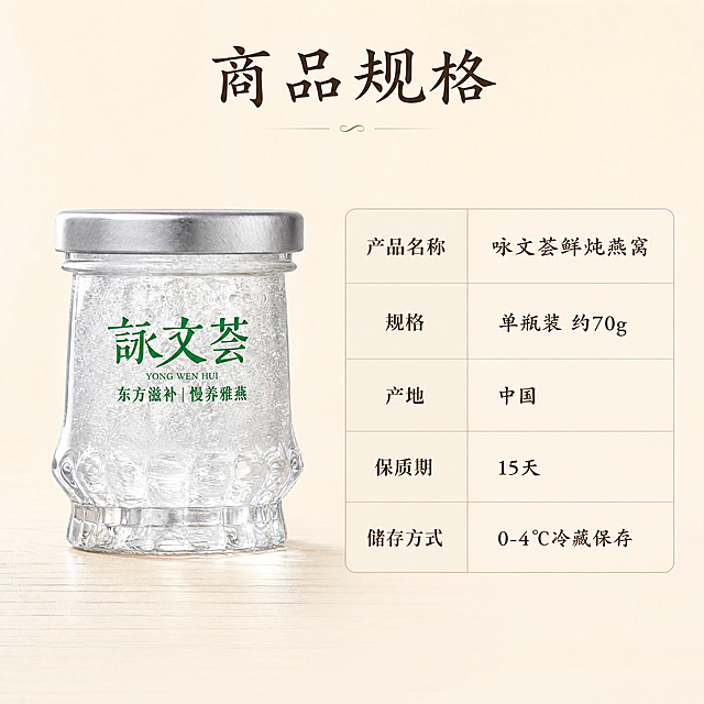 [第8屏] 详情页商品规格屏-咏文荟鲜炖燕窝规格信息展示。
[氛围/风格] 简洁清晰信息展示，延续整体新中式温润风格，浅米底色，干净通透。
[元素布局] 左侧放置【图2】单瓶鲜炖燕窝产品，保持产品外观、包装文字、玻璃材质与原图一致，占画面左侧约40%区域；右侧放置规格信息表格，排版整齐，不遮挡产品。整体构图左右分栏，饱满不拥挤。
[光影质感] 产品左侧打光，玻璃燕窝通透清晰，信息区域光线均匀，文字清晰不发虚。
[配色色系] 全局底色：#F2EADC浅米原木保持整套统一；产品瓶身：透明玻璃+品牌绿文字；表格区域：浅米色底+深棕色文字，保持配色统一。
[视角构图] 左右分栏平视构图，左侧产品，右侧规格信息，平衡稳定，阅读动线从上到下。
[文字版式] 顶部居中主标题「商品规格」，深棕色书法字体；右侧规格表格包含：产品名称、规格、产地、保质期、储存方式信息，表格行间距宽松，文字清晰，沿用整套字体系统双色原则；文字不遮挡产品主体，移动端清晰可读。
[比例分辨率] 1:1 方图比例，4K 分辨率，文字清晰可辨。
[负向提示词] 产品变形，包装文字错乱，表格排版混乱，文字模糊，颜色偏差，水印，极限违规词。