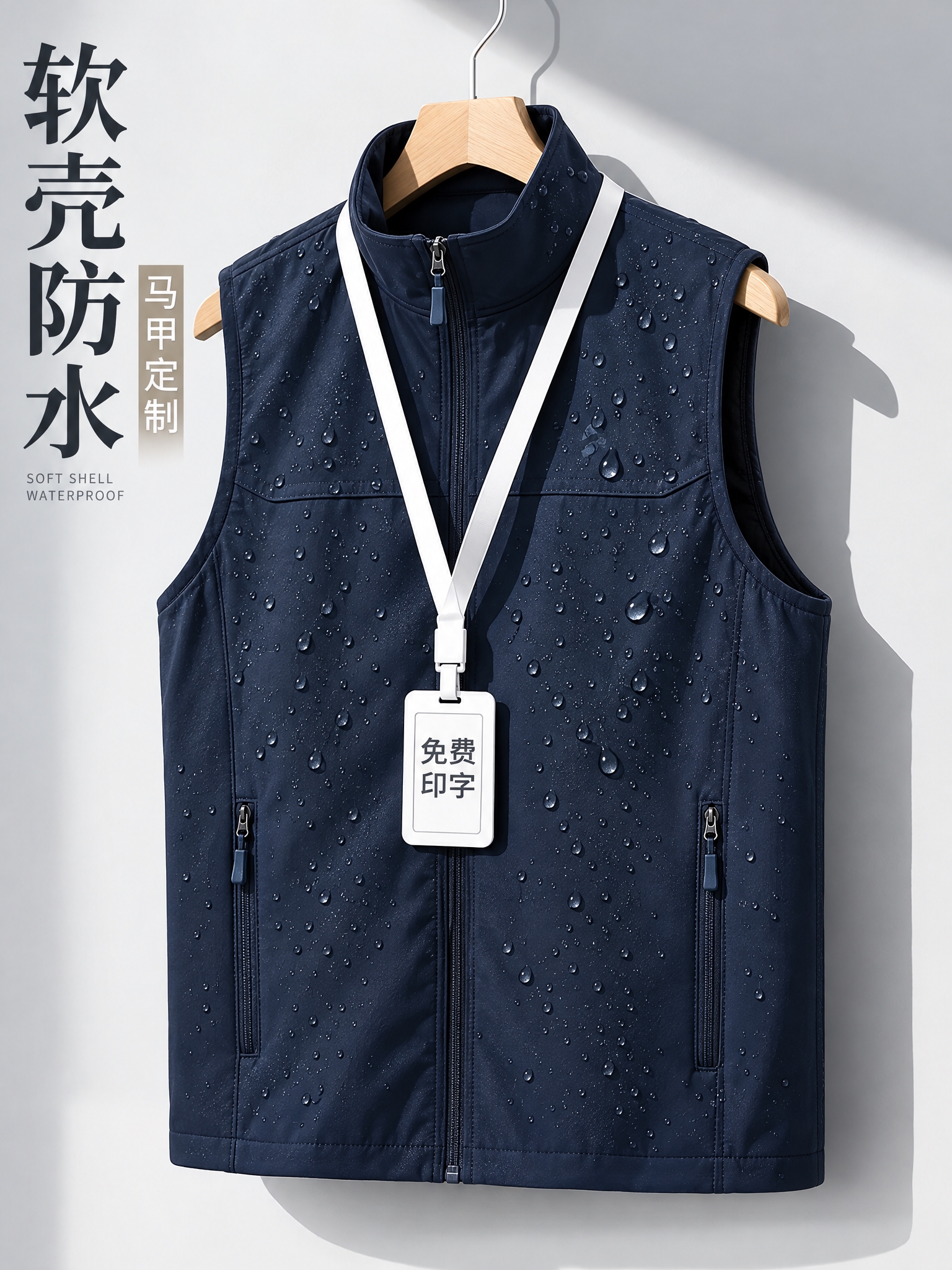 参考图1的商品展示风格与版式，将图2的深藏青色立领马甲作为商品… - 图片创意预览