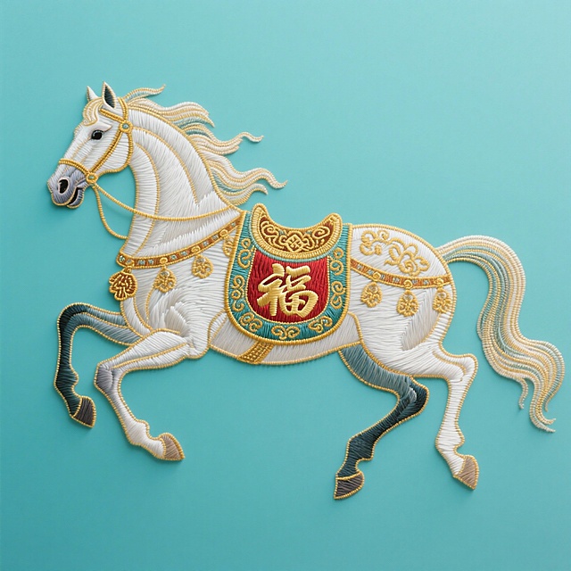 刺绣风白骏马，工笔细腻，浮雕质感，金线勾勒祥云纹饰，红底“福”字喜庆吉祥，中式复古韵味浓厚，重拟物设计彰显传统年味。