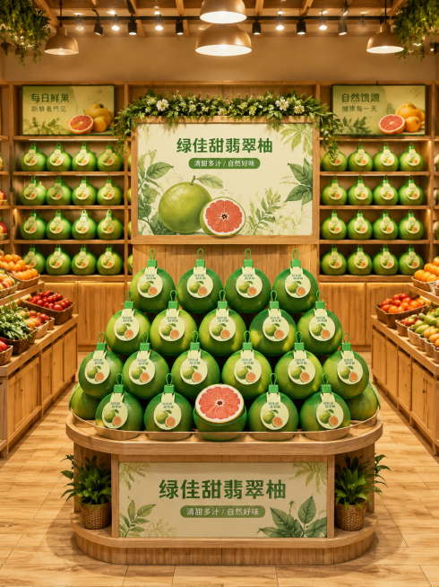 水果店的画面采用中心构图，以中岛陈列台为视觉焦点，中岛台摆满绿佳甜翡翠柚，背景货架上也摆满绿佳甜翡翠柚，整体以原木色暖调基底搭配地面木纹瓷砖，再用水果的橙、绿、红等鲜活色彩点缀，既营造出温馨治愈的森系预览效果
