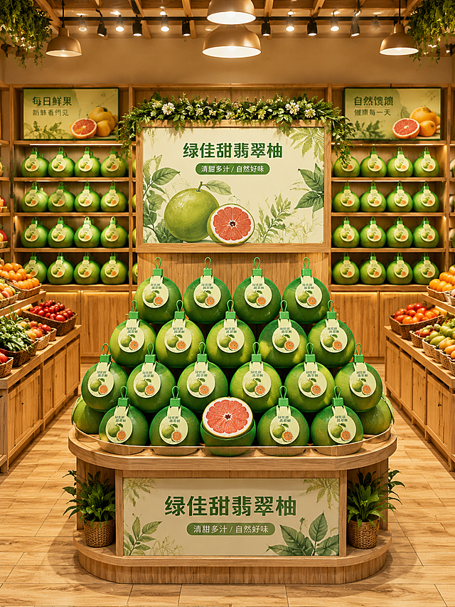 水果店的画面采用中心构图，以中岛陈列台为视觉焦点，中岛台摆满绿佳甜翡翠柚，背景货架上也摆满绿佳甜翡翠柚，整体以原木色暖调基底搭配地面木纹瓷砖，再用水果的橙、绿、红等鲜活色彩点缀，既营造出温馨治愈的森系氛围，也通过有序的产品陈列传递出新鲜、丰富、生活化的品牌调性。视角为正视图