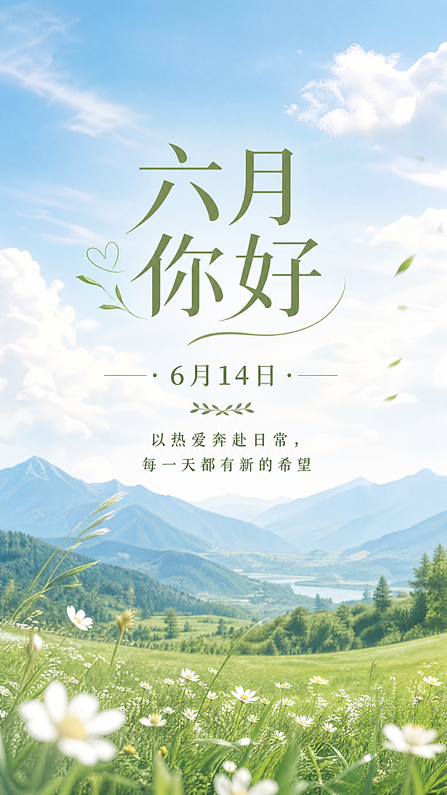 六月每日早安海报，6月14日，清新治愈自然风景背景，文字内容："六月你好 6月14日 以热爱奔赴日常，每一天都有新的希望"，简约治愈风格，文字排版清晰居中