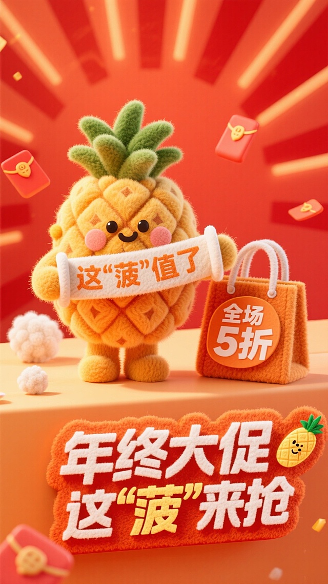 3D卡通拟人菠萝，毛绒质感搭配红金配色，喜庆氛围拉满，结合面料风设计与促销元素，传递年终大促的欢乐与优惠感。