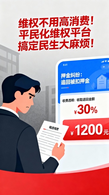 主标：
维权不用高消费！
平民化维权平台
搞定民生大麻烦！
内容：
押金纠纷：追回被扣押金，拒绝房东无理克扣
收费透明：收取退回金额30%
根据以上信息，设计一张9；16的海报，要求现代简约+情绪化插预览效果