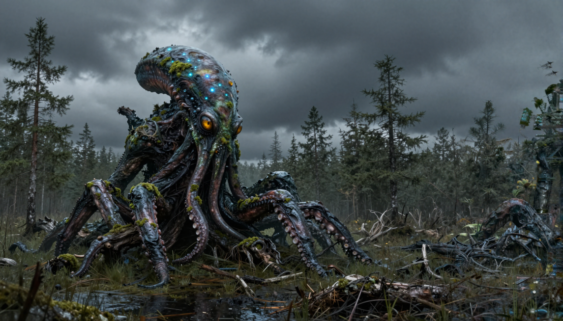 写实风格陆地克苏鲁怪兽视觉描述
阴沉的铅灰色天幕下，它像一座被淤泥与苔藓裹缠的畸形山岳，瘫伏在枯败的针叶林与沼泽的交界处 —— 这是一头褪去深海湿鳞、适应了陆地重力的克苏鲁眷族怪兽，躯体的每一寸都透着预览效果