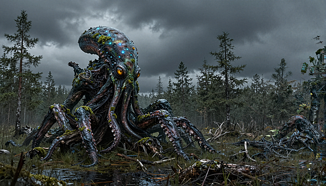 写实风格陆地克苏鲁怪兽视觉描述
阴沉的铅灰色天幕下，它像一座被淤泥与苔藓裹缠的畸形山岳，瘫伏在枯败的针叶林与沼泽的交界处 —— 这是一头褪去深海湿鳞、适应了陆地重力的克苏鲁眷族怪兽，躯体的每一寸都透着 “非欧几里得” 的扭曲，却又带着生物的写实质感，让人窥见时便觉骨髓发冷。
整体躯体：
体长逾三十米，肩高足有十米，轮廓完全背离地球生物的对称法则。躯干不是规整的柱状或卵状，而是像被巨力揉皱又强行撑开的肉质囊袋，表面覆着一层暗绿近黑的湿滑表皮，黏液厚得能挂住坠落的枯叶，阳光下泛着油亮的腐殖质光泽。表皮褶皱里嵌满了深褐色的苔藓、半干的腐木碎片，甚至还有几簇挣扎生长的畸形蕨类 —— 像是它的躯体与这片陆地强行 “共生” 的证明。皮肤下隐约可见蠕动的血管，呈诡异的淡紫色，搏动时会让表皮泛起波浪般的起伏，仿佛有无数东西在皮下穿行。
肢体与支撑结构：
它没有常规的 “四肢”，取而代之的是七根粗细迥异的混合触肢，兼具支撑与捕猎的功能。最粗壮的三根触肢长约十五米，根部如同巨蟒的肌肉躯干，中段开始生出层叠的骨质突起—— 这些突起呈花岗岩般的灰黑色，边缘磨损得圆润，显然是长期在岩石与泥泞中挪动的痕迹，像给柔软的触肢套上了一节节粗糙的 “外骨支架”，足以撑起山岳般的体重。触肢末端则分裂成数条细腕，细腕上布满碗口大的吸盘，吸盘内侧不是光滑的黏膜，而是一圈细密的、米粒大小的倒齿，沾着未消化的动物毛发与植物纤维。
其余四根触肢更纤细，没有骨质突起，像浸透了水的粗麻绳，垂在身体两侧，尖端偶尔会试探性地戳向地面，在泥沼里留下螺旋状的孔洞；孔洞里会缓缓渗出暗红色的体液，落到地上便让周遭的草茎瞬间枯萎发黑。
头部与感官：
没有 “脸” 的概念，躯干顶端耸起一团纠缠的、章鱼状的小型触须簇，足有上百条，每条触须长约两米，顶端都嵌着一颗浑浊的琥珀色复眼。复眼没有瞳孔，眼膜上布满蛛网般的血丝，能三百六十度无死角转动，但看向的方向却总让人觉得 “不对劲”—— 仿佛它能看见人类视野之外的维度。触须簇的正中央，隐埋着一个漏斗状的肉质口器，口器边缘外翻，露出一圈锯齿状的角质牙，牙缝里卡着腐肉与泥土，呼吸时会喷出带着沼泽淤泥、腐烂海藻与硫磺的混合气味，腥得呛人。
触须簇的顶端，还长着一块扇形的肉质冠，冠缘呈暗紫色，上面点缀着数十个米粒大的发光点 —— 光点是死寂的淡蓝色，像濒死的星辰，在阴天下忽明忽暗，散发着微弱的、能让人心神恍惚的波动。
环境互动与氛围：
它的动作极其缓慢，挪动时，骨质触肢踩在地面上，会发出沉闷的 “咯吱” 声，震得脚下的泥沼泛起涟漪，裂缝里渗出黑色的汁液；汁液流过的地方，会迅速滋生出伞盖呈螺旋状的畸形真菌，伞面泛着病态的紫晕。
偶尔，它会甩动一根纤细触肢，扫过身侧的针叶树 —— 那些碗口粗的树干像纸片般被拦腰抽断，断裂处没有正常的木质纹理，而是像被强酸腐蚀过一样，发黑、发黏，冒着细小的气泡。
它不嘶吼，只发出低沉的、非人的嗡鸣—— 像是深海鲸歌与地底岩层摩擦的混合声，频率低得能震得人耳膜发痛，太阳穴突突直跳。嗡鸣传开时，周遭的飞鸟会集体坠亡，躲在洞穴里的啮齿动物会疯了似的冲出来，撞向树干或岩石。
光影与质感：
铅灰色的天光洒在它身上，没有明显的阴影 —— 仿佛它的躯体本身就 “吞噬” 了光线。黏液的反光是唯一的亮色，却透着一股令人作呕的油腻；骨质突起的灰黑与表皮的暗绿形成压抑的对比，触须簇的晃动带着一种催眠般的诡异韵律。
远处看，它像一座崩塌的、长满怪东西的废墟；走近了，才会看清那 “废墟” 的每一寸都在蠕动，每一个细节都在违背你对 “生物” 的认知 —— 这是一头从星空与深海的夹缝里爬上岸的怪物，带着不属于陆地的、令人 san 值崩解的恐怖写实感。







再详细描述一下克苏鲁怪兽的背景设定
给我推荐一些写实风格的克苏鲁怪兽图片
克苏鲁怪兽的颜色怎样搭配更能体现写实风格？