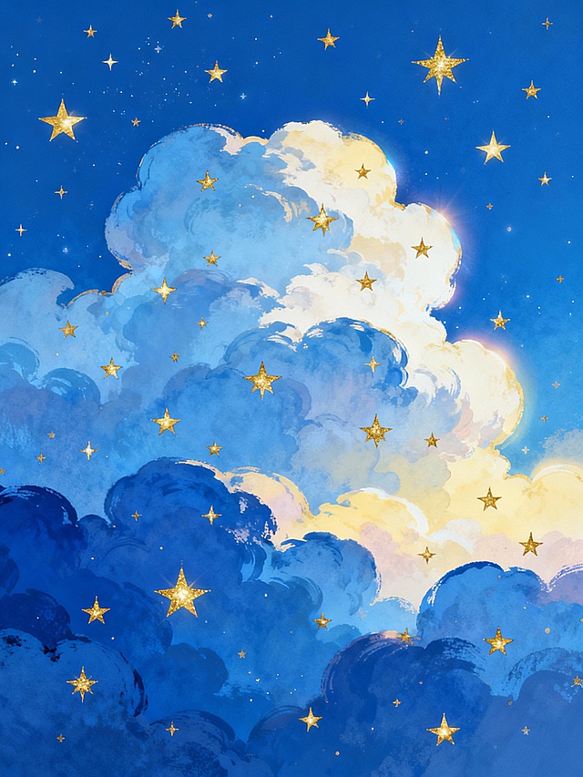 蓝色渐变背景的插画风格，画面中充满了蓬松飘逸的云朵，云朵呈现出深浅不一的蓝色和少量柔和的淡黄色渐变，点缀着大量闪烁的金色星星，星星大小不一，分布在整个画面中，营造出梦幻、宁静而又充满童话色彩的夜空氛围，整体光影柔和，色彩和谐统一，云朵边缘有轻微的光晕效果，具有鲜明的插画质感和视觉美感。