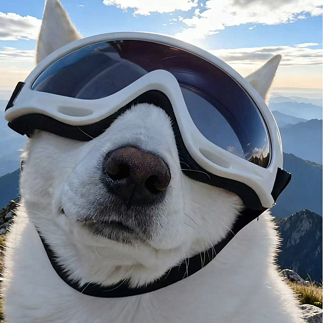 实景感与3D风结合，雪地萌犬戴滑雪镜，毛发生长风细节逼真，清新爽朗的高山背景，趣味感十足，传递冬日户外的舒适与酷炫。