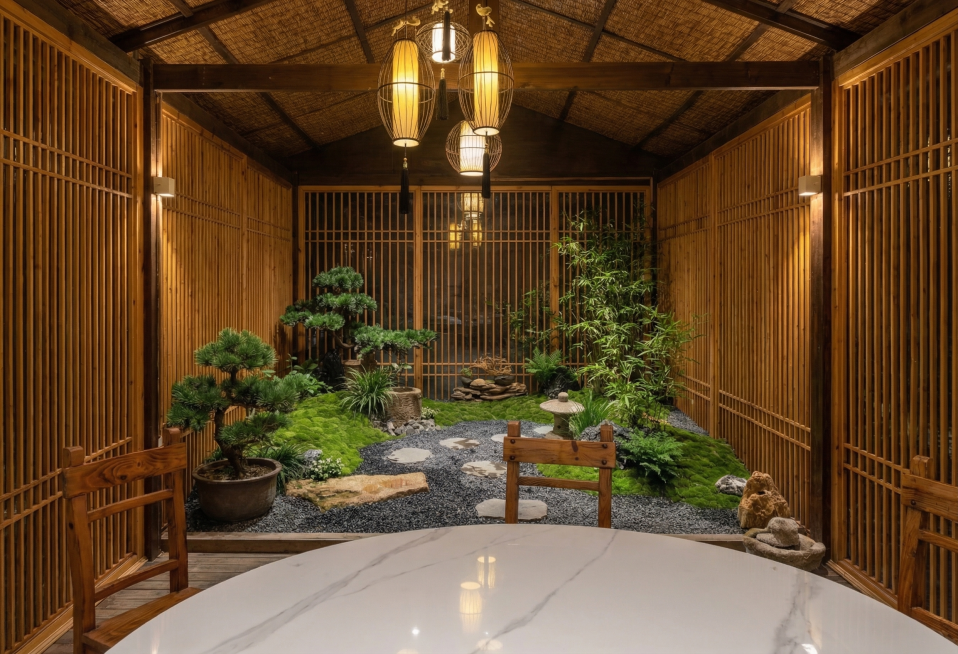 在图1（木质廊架餐厅）基础上，严格保持其房屋架构（屋顶、立柱、木格栅墙、地面结构）不变，仅进行风格升级：参照图2的室内庭院意境，将原空旷背景区域改造为‘室内微景观’——铺设深灰砾石+青苔地被+不规则石预览效果
