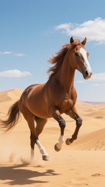 写实摄影风格，一匹棕色骏马在广阔天地间自由奔跑，四蹄腾空，鬃毛与尾巴随风飘逸，马身健壮肌肉线条清晰，白色面部斑纹与蹄部点缀，明亮阳光下清晰的投影与自然阴影，背景替换为连绵起伏的金色沙丘与蔚蓝天空下的稀疏白云，整体画面呈现开阔壮丽的自然景观，色彩鲜明和谐，光影层次丰富，动态感十足。预览效果
