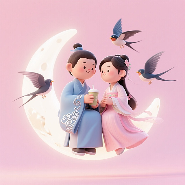 七夕古风3D可爱感情侣素材