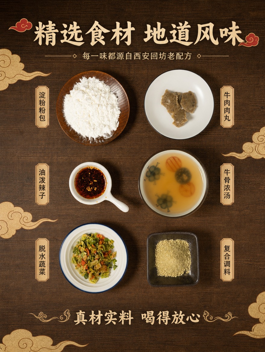 电商详情页第二张，西安肉丸胡辣汤食材原料展示。使用【图3】配料… - 图片创意预览