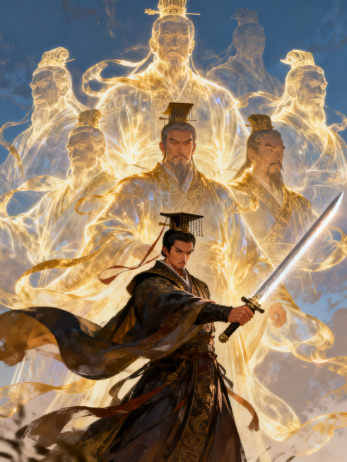超古风主义美学，国风动漫写实厚涂，3:4比例，秦始皇实体拔剑挥斥苍穹，身后天空呈现六个秦国先代帝王的巨大流光轮廓虚影预览效果