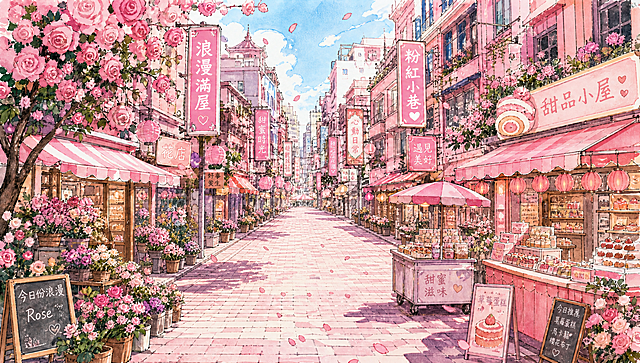 去除画面中所有人物，保留粉色街道建筑、商铺、招牌、灯笼、玫瑰花丛、花树、小摊车、街道等所有建筑和景物，保持马克笔手绘水彩风格不变，粉色浪漫氛围不变，画面干净无人，构图和视角完全不变