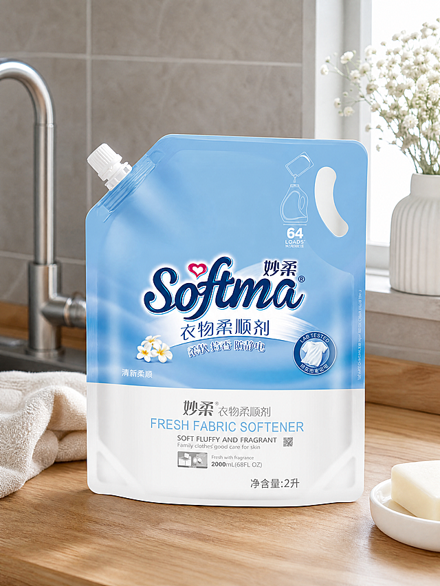 超写实电商场景摄影

主体：衣物柔顺剂占画面68%，完整不裁切，为绝对视觉焦点，近景景别；衣物柔顺剂严格参照上传产品图，完整保留所有可见组件、部件、轮廓、结构、比例、材质、颜色与产品本体上的文字信息（logo / 型号 / 规格 / 参数等），与上传图完全一致，袋身和吸嘴完整清晰可见。

构图与陈列：微侧15°微俯10°，斜立放在原木色浴室洗手台台面上，平稳接触，无悬浮。

风格：北欧温馨风

场景概念：卫浴洗衣区的正午自然光

承载与背景：①承载面：原木色实木洗手台台面；②背景：浅灰色哑光瓷砖墙面，自然纹理。

陪衬物：①台面后方，银色抽拉式水龙头局部，不锈钢材质，银色；②台面左侧，米色棉麻毛巾自然搭放，棉麻材质，米色；③台面右下角，白色陶瓷皂碟放着一块浅色手工皂，白色陶瓷+米皂；④窗台上点缀一小盆白色满天星盆栽。

配色：主60%原木色+浅灰，辅25%银色+米白，点缀15%白色；颜色：原木色/浅灰/银色/米白/白色；材质：实木/瓷砖/不锈钢/棉麻/陶瓷

光影：主光从正面窗顶漫射而下，柔光均匀照亮产品正面；辅光为墙面浅灰反射补光，整体干净明亮，柔和无硬影。

参数：4K 写实光追。严格锁定宽高比为 3:4。