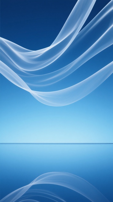 微距镜头捕捉，纯净钴蓝至亮天蓝渐变的平面背景，上方数条半透明丝绸状曲线随风轻舞，下方镜面般水平面精准映射上方光影，整体干净利落，现实逻辑下的蓝色场景背景素材，色调统一，线条优雅，光影过渡自然。预览效果