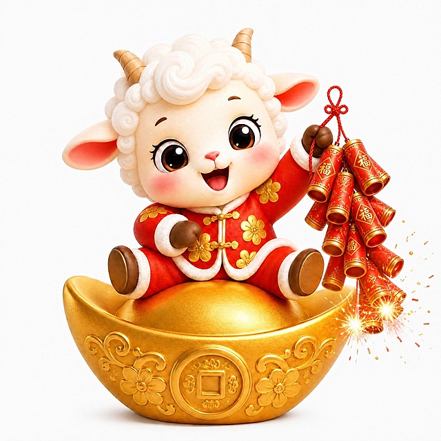 将小羊手中的灯笼换成一串红色的鞭炮，小羊做出放鞭炮的活泼姿态，充满喜庆活力，鞭炮有金色装饰和燃放的火花效果。其余保持不变：卡通3D渲染风格，可爱的羊吉祥物，头上2个小羊角，身体圆润饱满，大而明亮的眼睛，穿着喜庆红色年服，年服上有金色花朵装饰，坐在带有铜钱图案花纹的大金元宝上，表情欢快可爱，纯白色背景，3D卡通渲染质感，柔和光线，细节精致