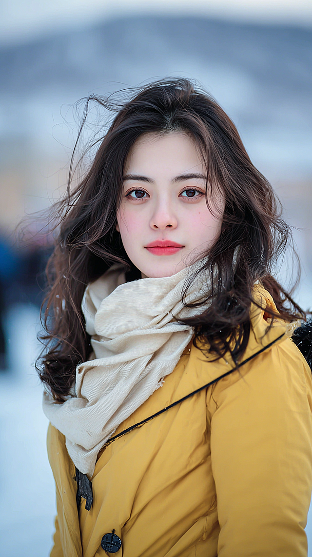 将参考图中的年轻女性面部轮廓、眼、鼻、唇形严格复制，完美身材，不用围巾，生成8张人物冬装图片，漂亮大方得体的户外冬装，不要羽绒服，不要带帽子的衣服，衣服不要太臃肿，不要雪景，写实，真实摄像，8K高清画质，电影级色彩校准，温暖色调，对比度适中，画面构图平衡，生成8张图片，9:16