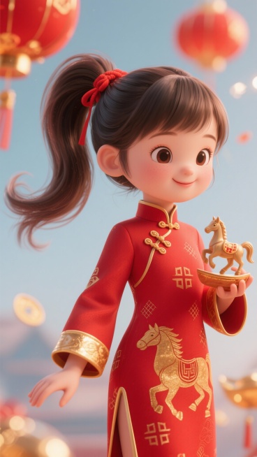 C4D 渲染，超精致 2026 新年贺岁 IP 形象，国风萌系高马尾小女孩，高马尾蓬松有型，发尾微翘，红色发绳缠绕马尾，眉眼灵动喜庆，笑容甜美治愈，身着红色改良旗袍式拜年服，领口袖口镶金色滚边，衣身印预览效果