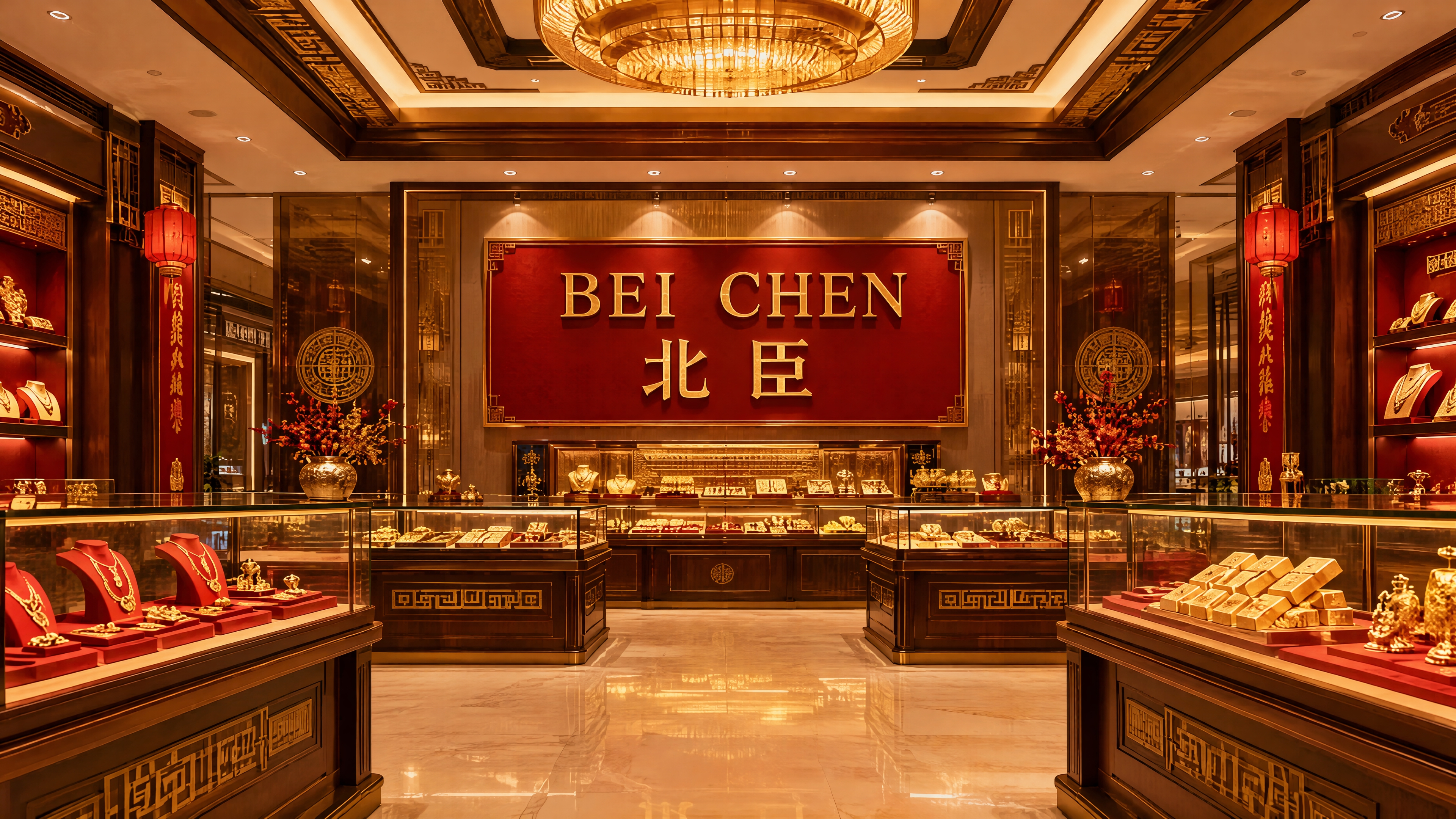 抖音店铺主页背景图，参考中国黄金风格的高档黄金饰品展厅内部，高… - 图片创意预览
