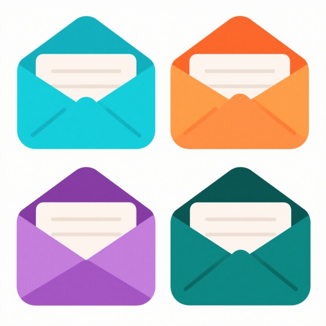 白色背景上，四个造型各异的扁平风格信封图标系列素材集合规整排布，每个信封都展现不同且独特的折叠形态和开口角度，内含信纸露出部分线条简洁统一，第一个信封采用清新明亮的浅蓝色调，第二个为活力橙色，第三个是优雅紫色，第四个呈沉稳深绿色，所有信封均保持光滑无纹理的平面质感，边缘线条清晰锐利，无阴影设计，整体视觉风格统一、色彩鲜明且排布整齐有序的矢量图标设计。预览效果