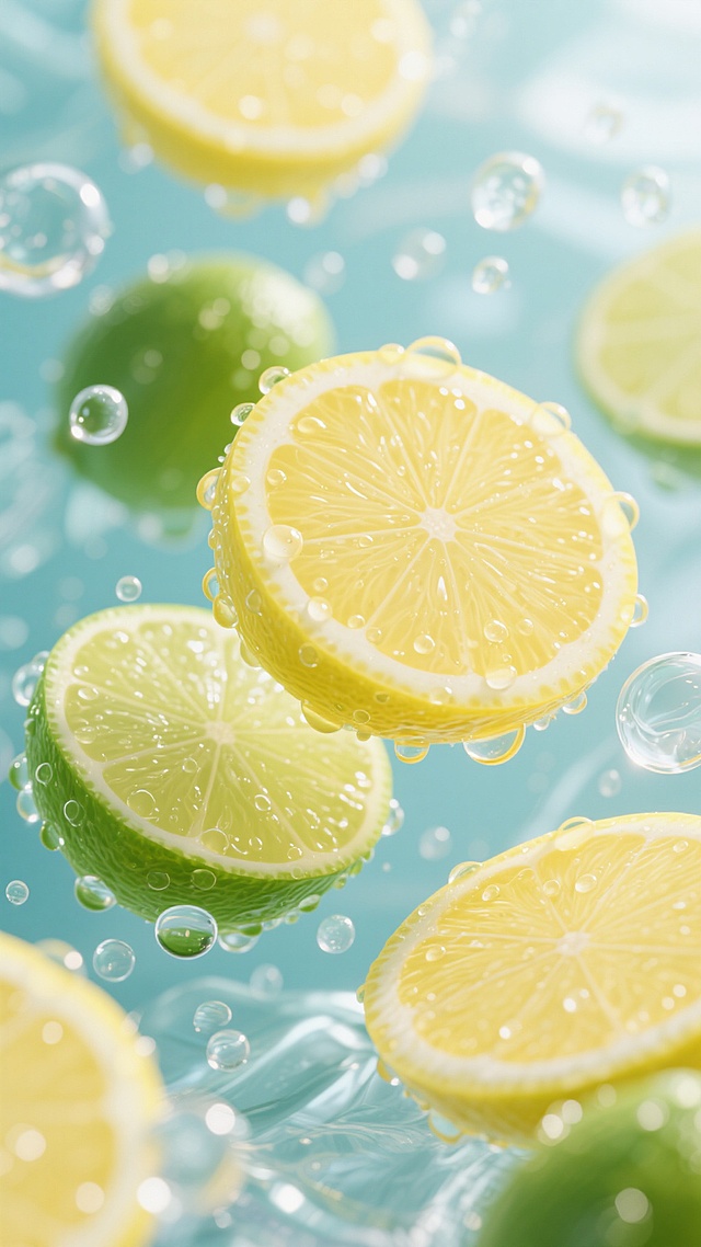 软3D风格，凉爽透明的背景，几片新鲜的柠檬和青柠切片悬浮其中，果肉纹理清晰可见，表面覆盖着晶莹剔透的水珠和大小不一的气泡，整体色调以清爽的黄色、绿色和透明感为主，光线柔和，营造出冰凉解暑的氛围，画面构图饱满，充满夏日清凉感。