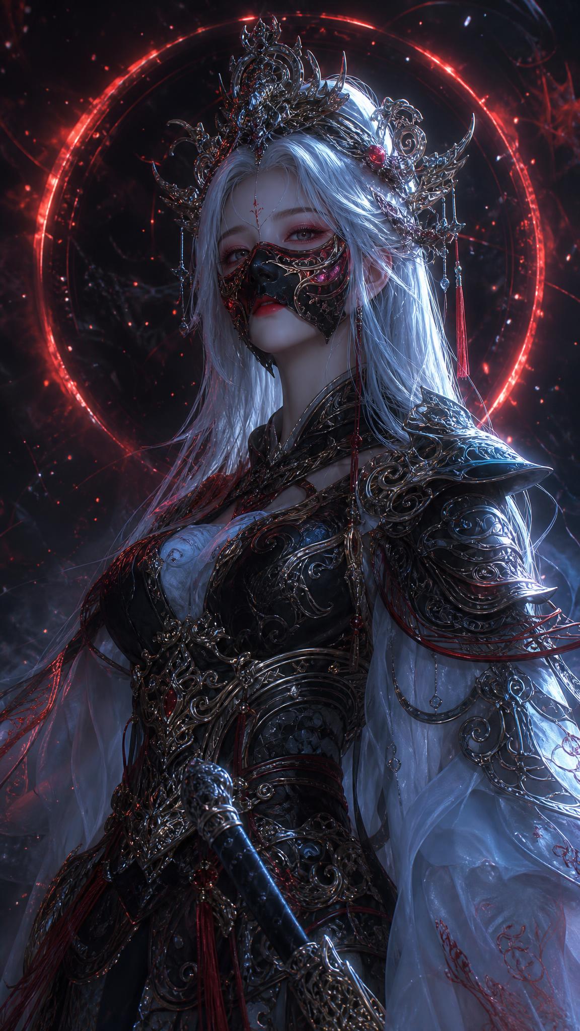 古风玄幻女战神，半身人像，雪白柔顺超长直发，华丽繁复银黑雕花头… - 图片创意预览