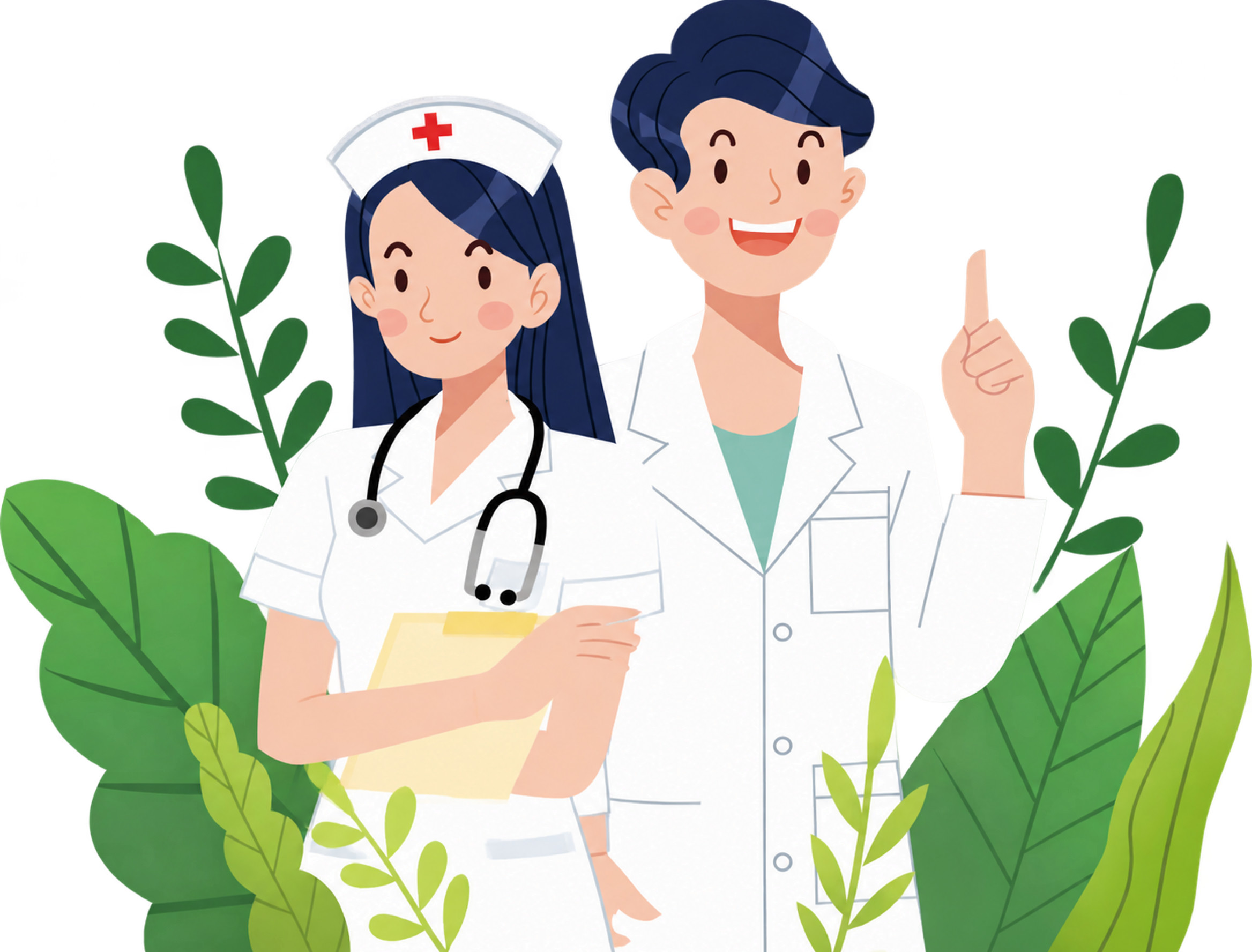 参考原图的扁平矢量插画风格进行重绘：将画面左侧的女生形象改为护… - 图片创意预览