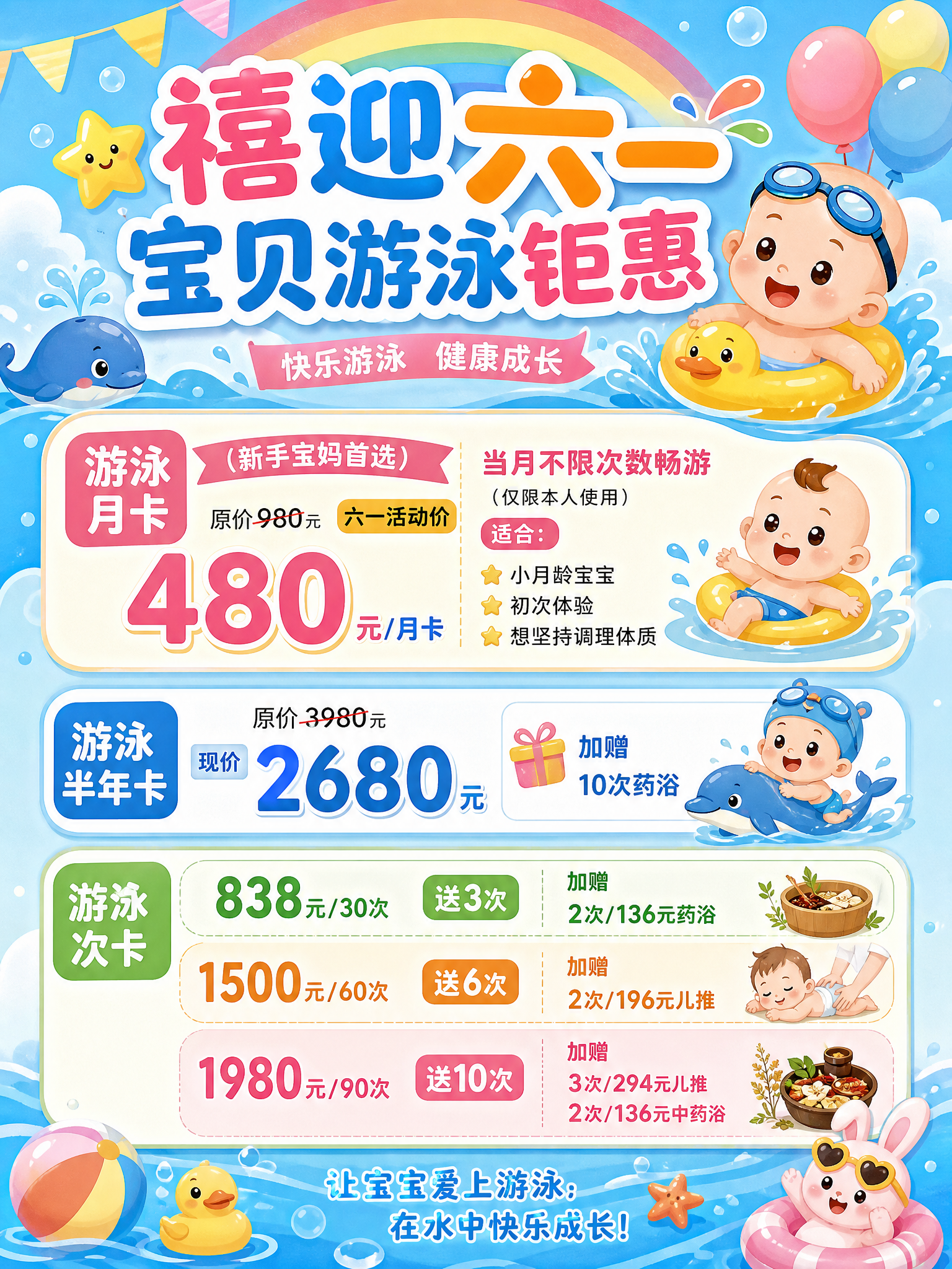 婴儿游泳馆六一促销海报，尺寸60*80cm，风格清新活泼，添加… - 图片创意预览